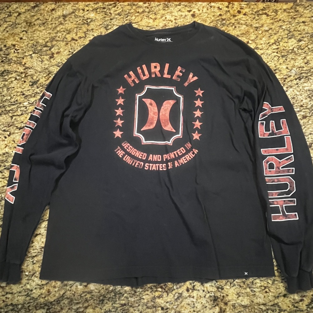 Hurley Mens XL Long Sleeve Graphic T-Shirt Black Classic Fit Cotton Surf‎ Tee